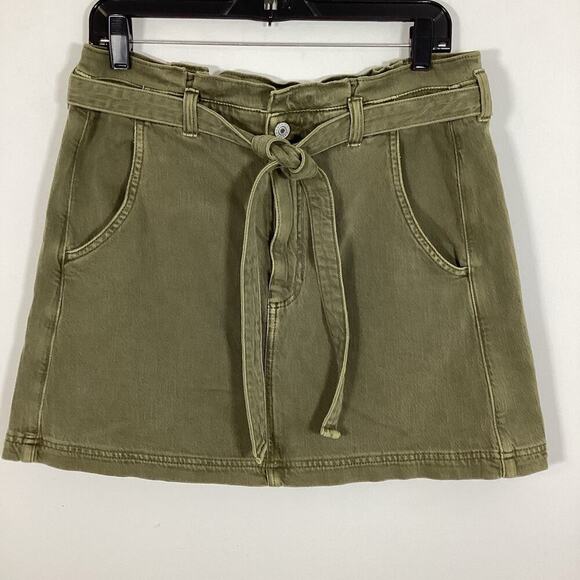 American Eagle Paperbag Waist Skirt 12 Army Green Tie Belt Pockets Stretch - Picture 2 of 8